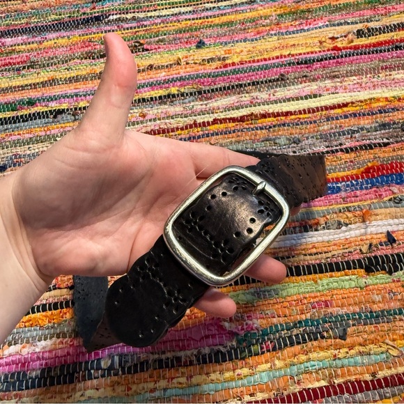 Vintage Black Perforated Leather Belt with Silver Buckle – 37” Max Waist - Picture 3 of 4